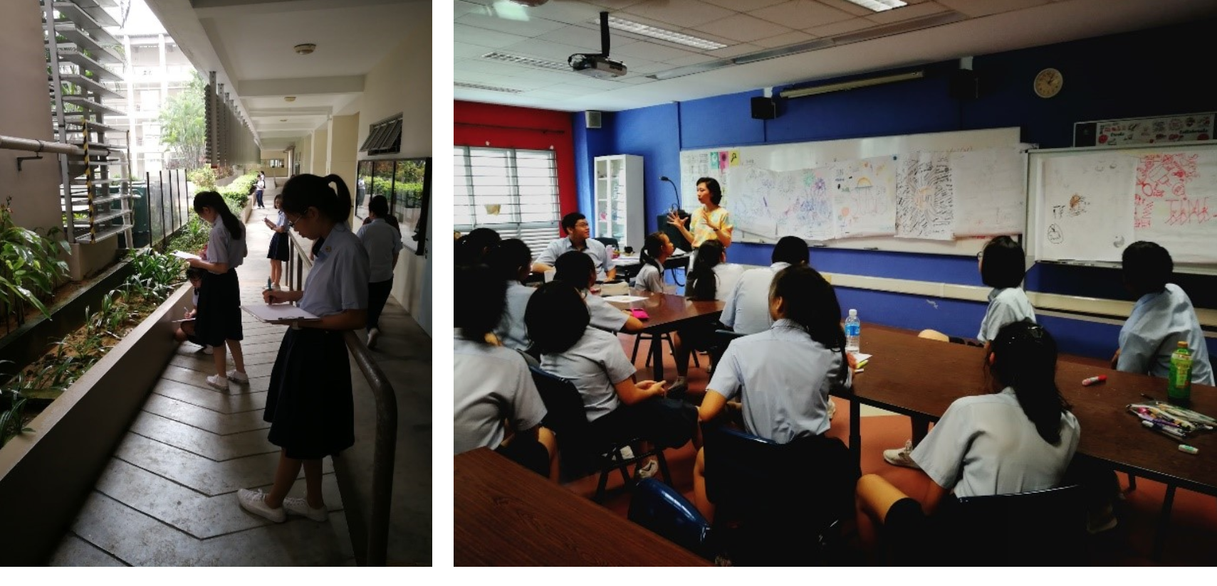 Students in uniform write outdoors in a corridor; indoors, a teacher addresses seated students near a whiteboard.
